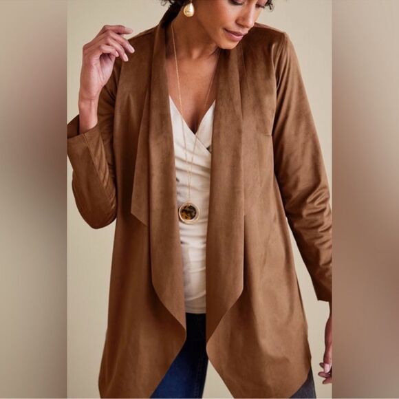 Soft Surroundings Shape Drape Faux Suede Brown Jacket Cardigan Size XS NWOT - Picture 2 of 11
